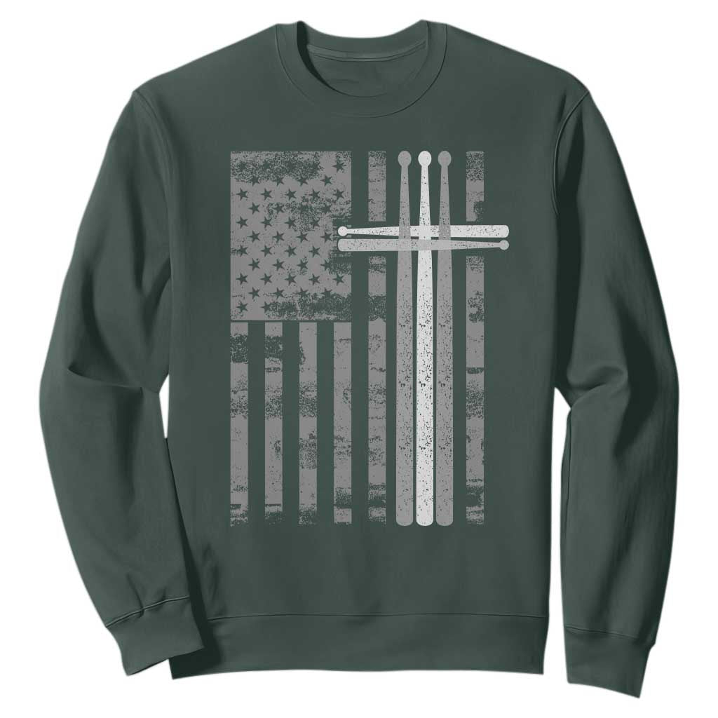 Christian Drummer Sweatshirt American Flag Drumsticks Religious Faith Cross Patriotic TS10 Dark Forest Green Print Your Wear