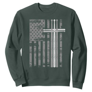 Christian Drummer Sweatshirt American Flag Drumsticks Religious Faith Cross Patriotic TS10 Dark Forest Green Print Your Wear