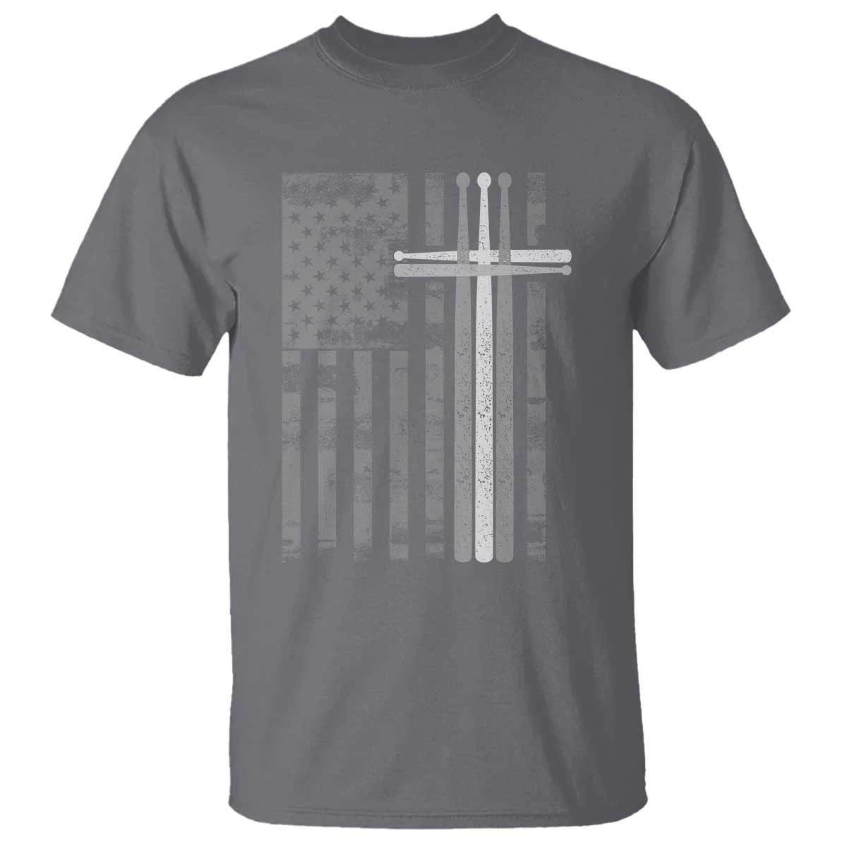 Christian Drummer T Shirt - American Flag Drumsticks Religious Faith Cross Patriotic TS10 Charcoal Print Your Wear