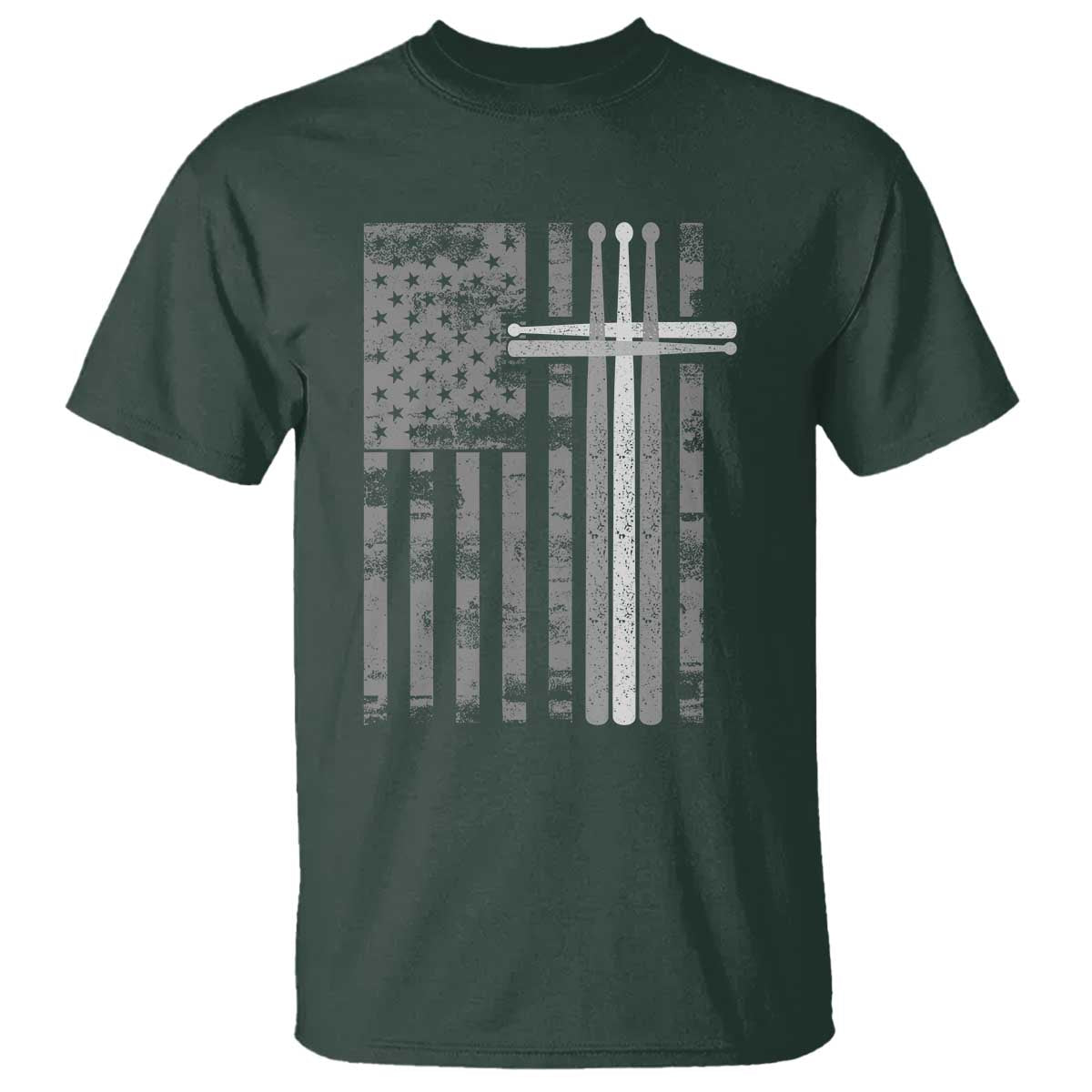 Christian Drummer T Shirt - American Flag Drumsticks Religious Faith Cross Patriotic TS10 Dark Forest Green Print Your Wear