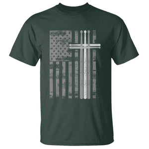 Christian Drummer T Shirt - American Flag Drumsticks Religious Faith Cross Patriotic TS10 Dark Forest Green Print Your Wear