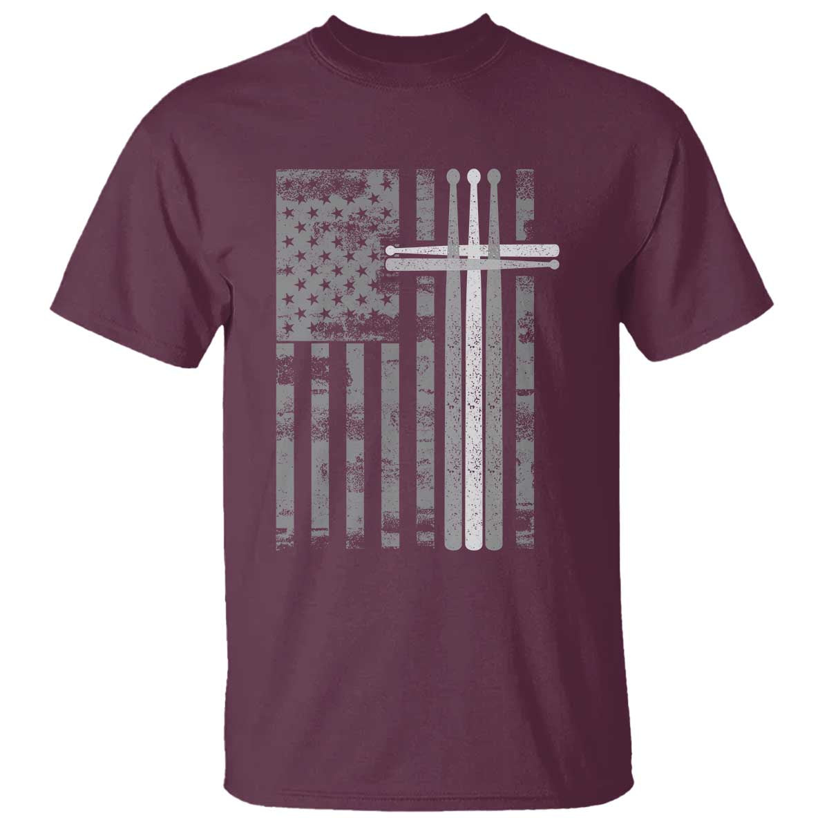 Christian Drummer T Shirt - American Flag Drumsticks Religious Faith Cross Patriotic TS10 Maroon Print Your Wear