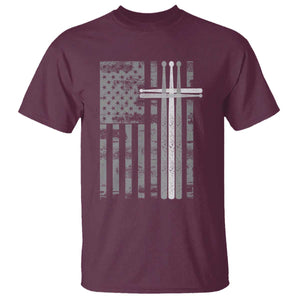 Christian Drummer T Shirt - American Flag Drumsticks Religious Faith Cross Patriotic TS10 Maroon Print Your Wear