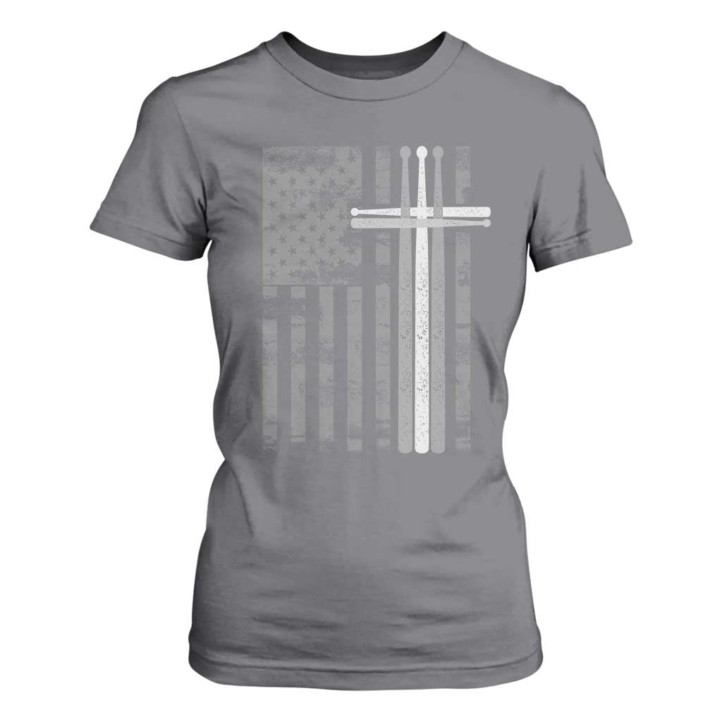 Christian Drummer T Shirt For Women American Flag Drumsticks Religious Faith Cross Patriotic TS10 Charcoal Print Your Wear