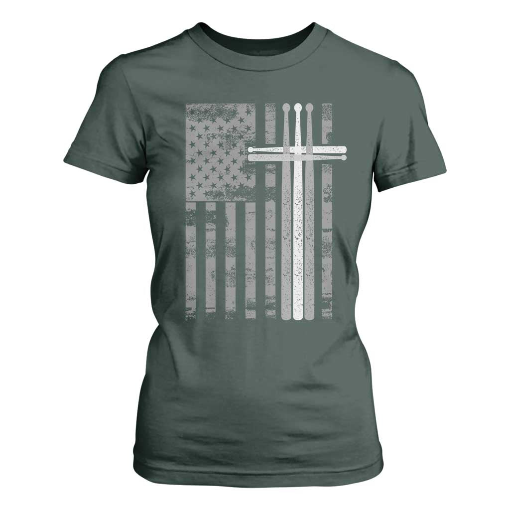 Christian Drummer T Shirt For Women American Flag Drumsticks Religious Faith Cross Patriotic TS10 Dark Forest Green Print Your Wear
