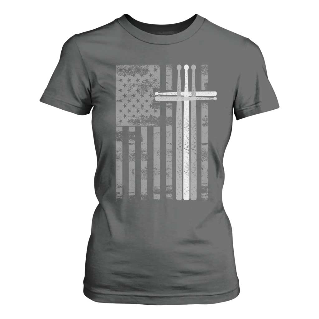 Christian Drummer T Shirt For Women American Flag Drumsticks Religious Faith Cross Patriotic TS10 Dark Heather Print Your Wear
