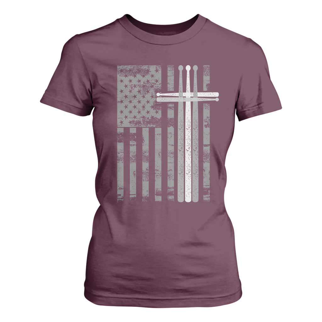 Christian Drummer T Shirt For Women American Flag Drumsticks Religious Faith Cross Patriotic TS10 Maroon Print Your Wear