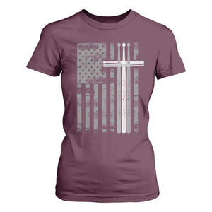 Christian Drummer T Shirt For Women American Flag Drumsticks Religious Faith Cross Patriotic TS10 Maroon Print Your Wear