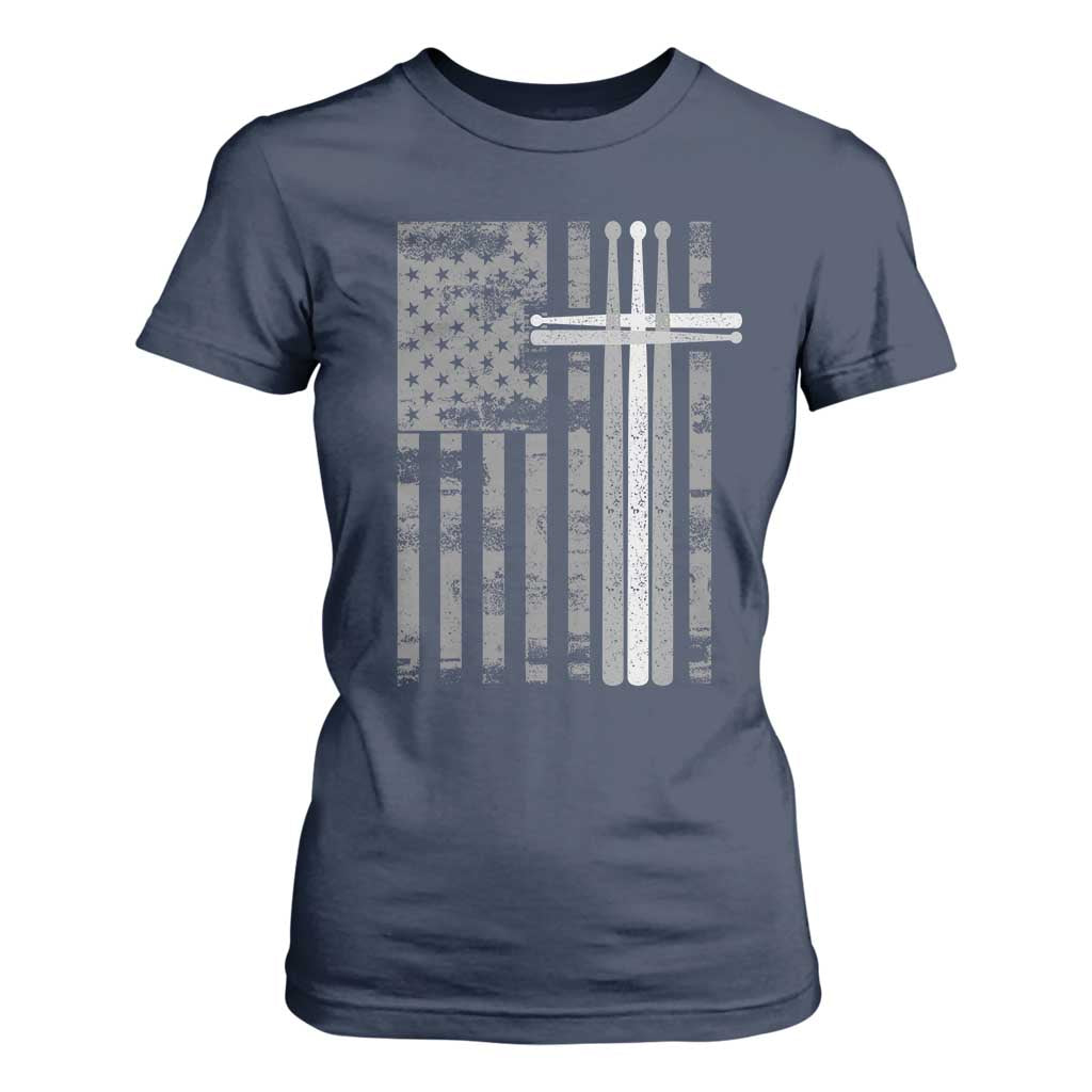 Christian Drummer T Shirt For Women American Flag Drumsticks Religious Faith Cross Patriotic TS10 Navy Print Your Wear