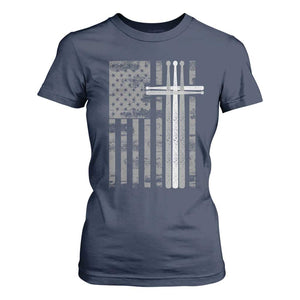 Christian Drummer T Shirt For Women American Flag Drumsticks Religious Faith Cross Patriotic TS10 Navy Print Your Wear