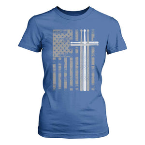Christian Drummer T Shirt For Women American Flag Drumsticks Religious Faith Cross Patriotic TS10 Royal Blue Print Your Wear