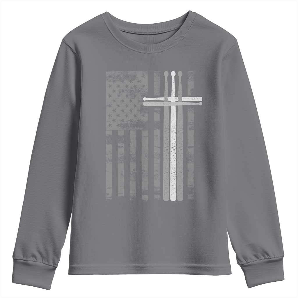 Christian Drummer Youth Sweatshirt American Flag Drumsticks Religious Faith Cross Patriotic TS10 Charcoal Print Your Wear