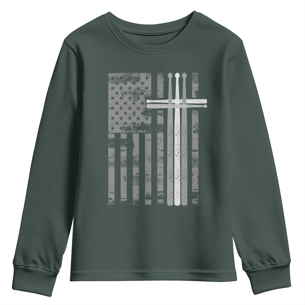 Christian Drummer Youth Sweatshirt American Flag Drumsticks Religious Faith Cross Patriotic TS10 Dark Forest Green Print Your Wear
