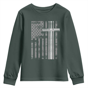 Christian Drummer Youth Sweatshirt American Flag Drumsticks Religious Faith Cross Patriotic TS10 Dark Forest Green Print Your Wear