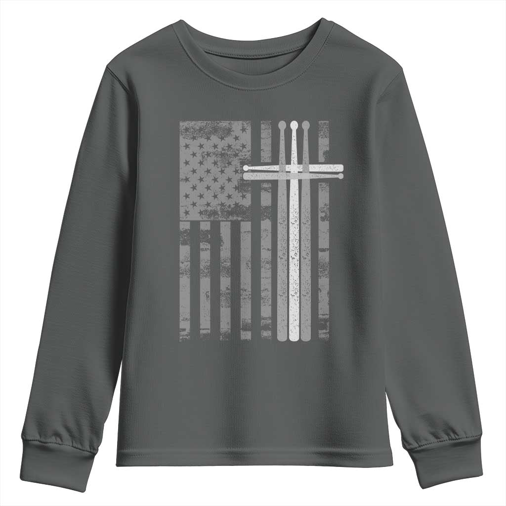 Christian Drummer Youth Sweatshirt American Flag Drumsticks Religious Faith Cross Patriotic TS10 Dark Heather Print Your Wear