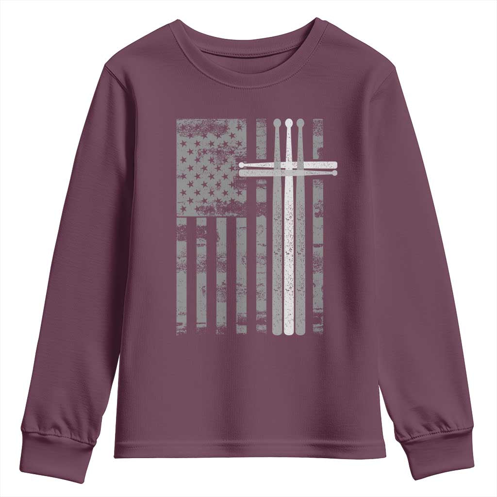 Christian Drummer Youth Sweatshirt American Flag Drumsticks Religious Faith Cross Patriotic TS10 Maroon Print Your Wear
