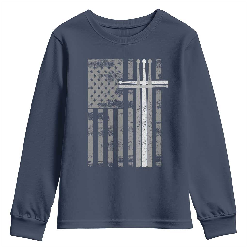 Christian Drummer Youth Sweatshirt American Flag Drumsticks Religious Faith Cross Patriotic TS10 Navy Print Your Wear