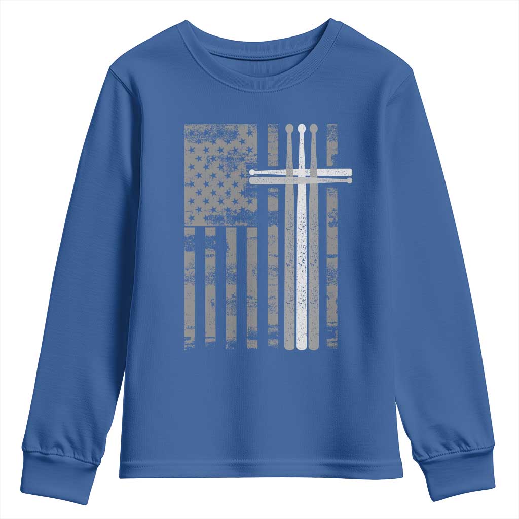 Christian Drummer Youth Sweatshirt American Flag Drumsticks Religious Faith Cross Patriotic TS10 Royal Blue Print Your Wear