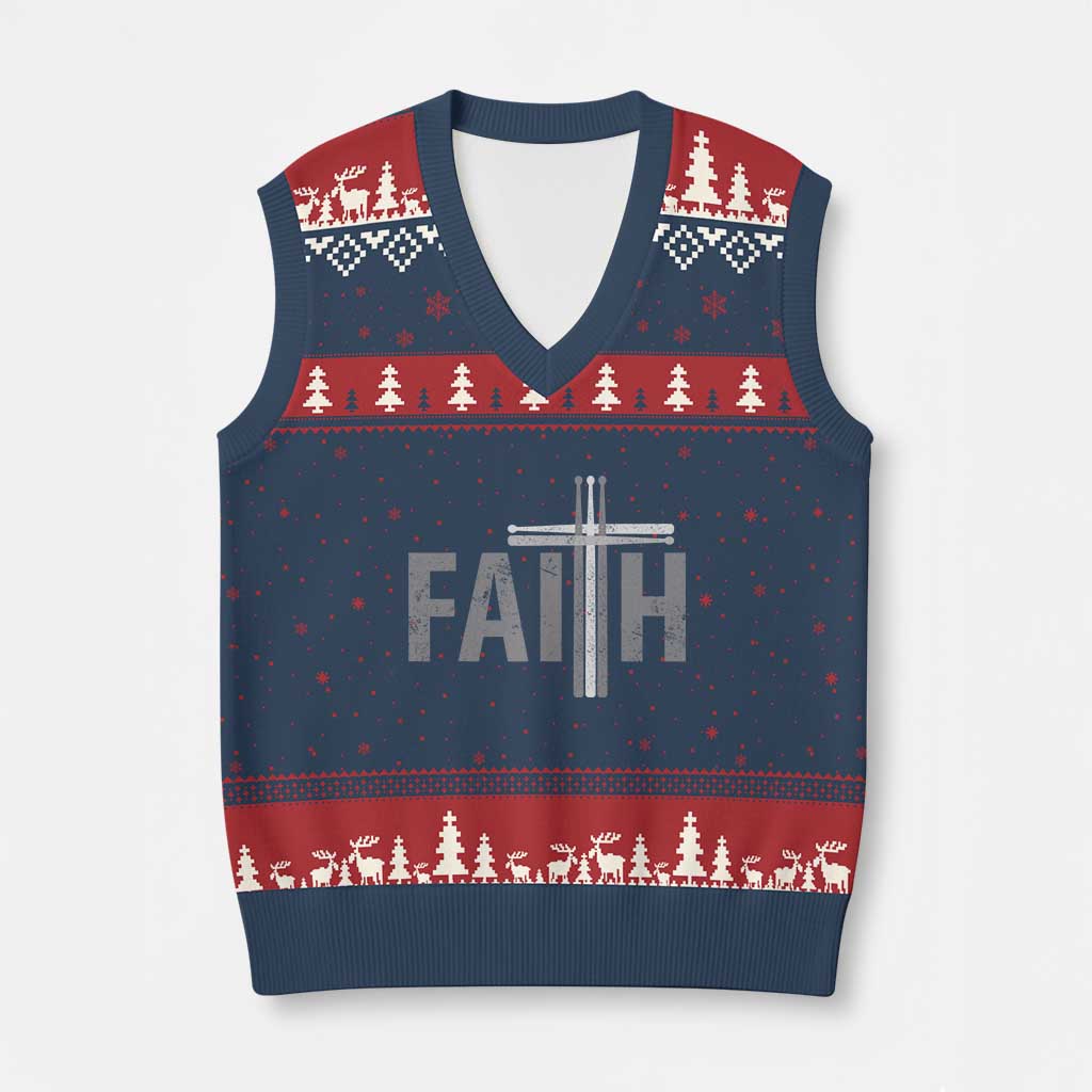 Christian Drummer V-Neck Knit Sweater Vest Faith Drum Stick Cross TS10 Navy Red Print Your Wear