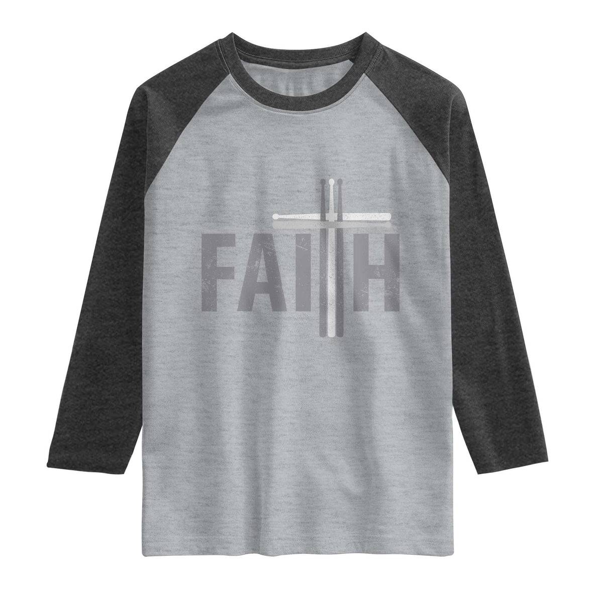 Christian Drummer Raglan Shirt Faith Drum Stick Cross TS10 Heather Gray Heather Charcoal Print Your Wear