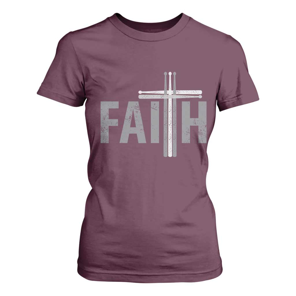Christian Drummer T Shirt For Women Faith Drum Stick Cross TS10 Maroon Print Your Wear