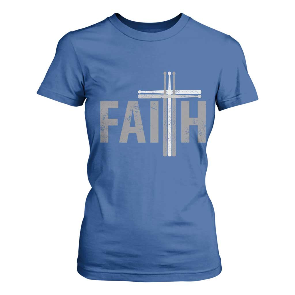 Christian Drummer T Shirt For Women Faith Drum Stick Cross TS10 Royal Blue Print Your Wear