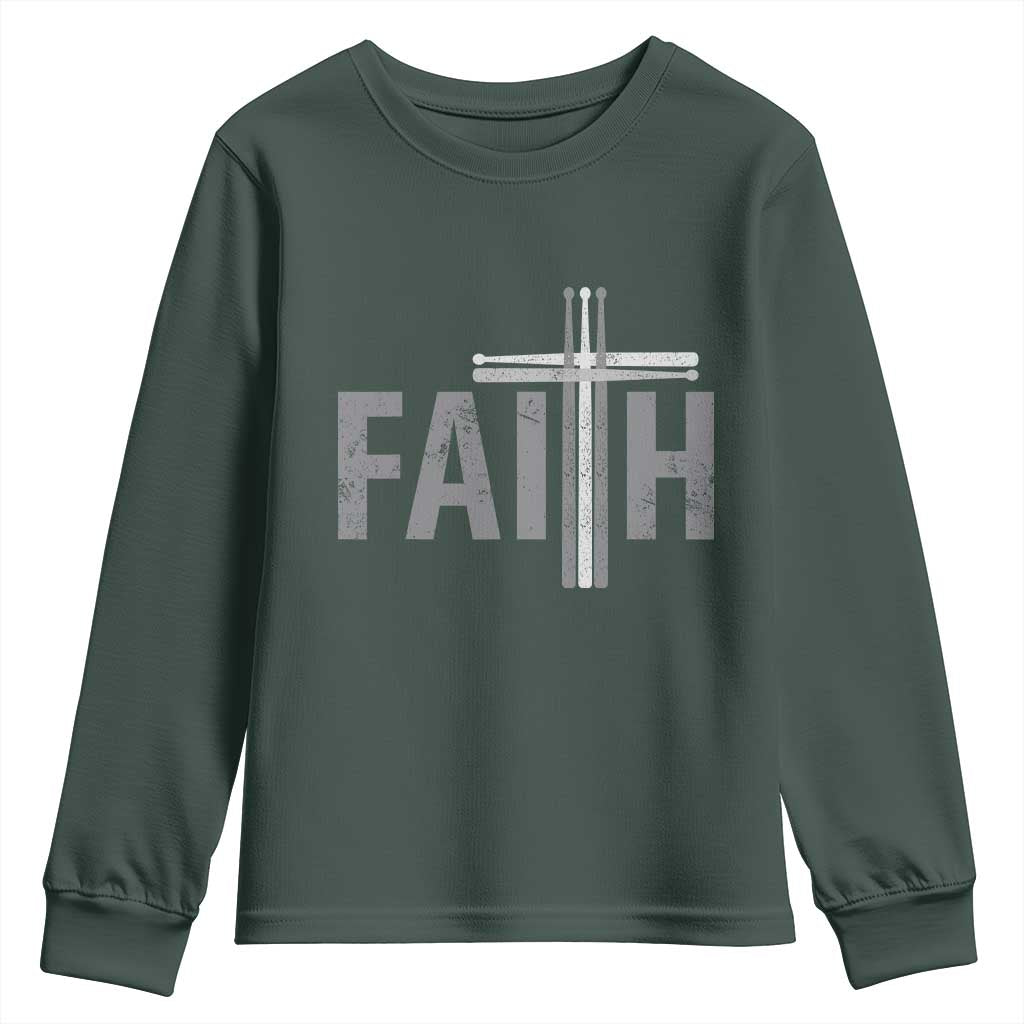 Christian Drummer Youth Sweatshirt Faith Drum Stick Cross TS10 Dark Forest Green Print Your Wear