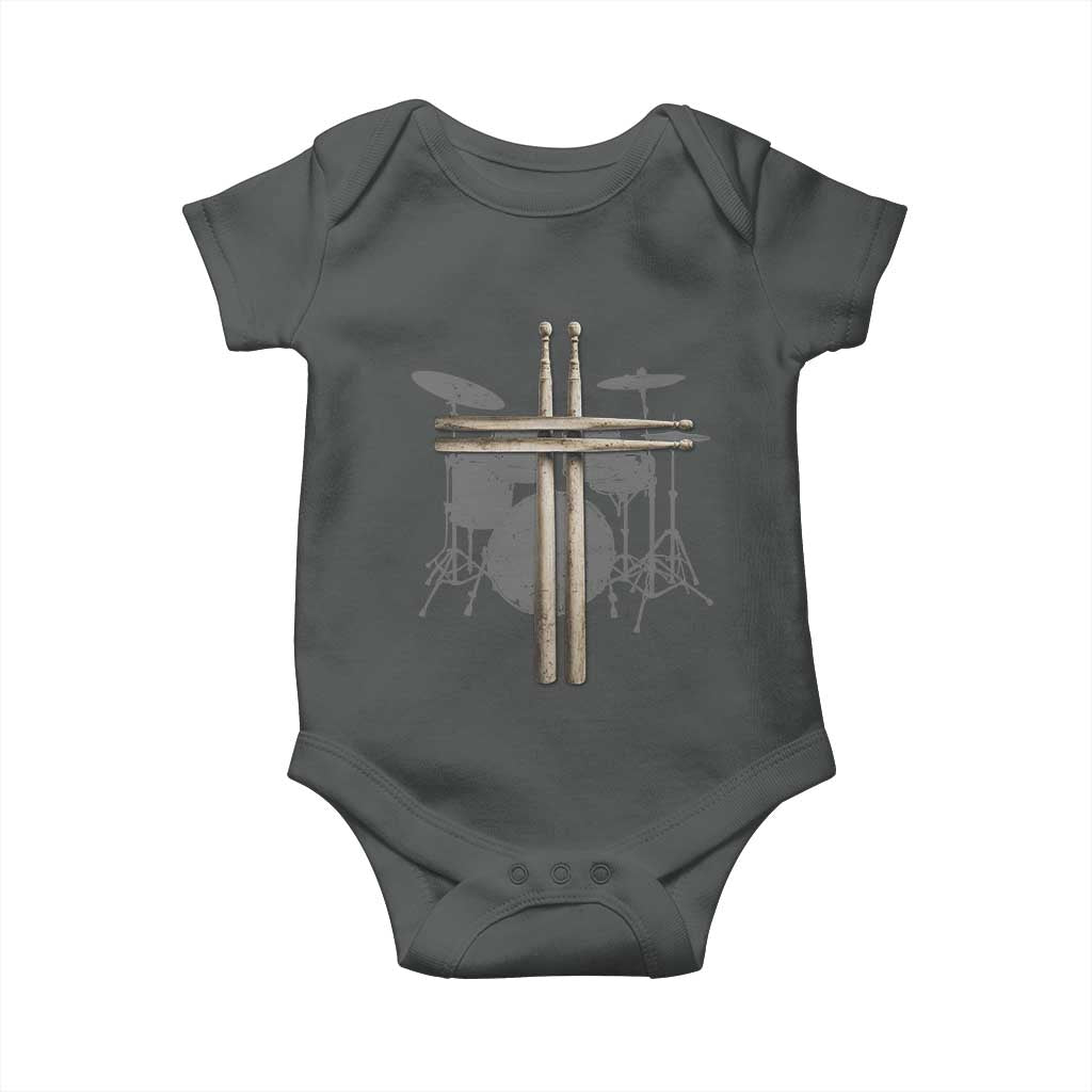 Christian Drummer Baby Onesie Drum Sticks Cross Percussionist Jesus Church TS10 Dark Heather Print Your Wear
