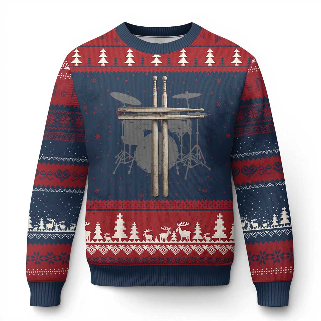 Christian Drummer Ugly Christmas Sweater Drum Sticks Cross Percussionist Jesus Church TS10 Navy Red Print Your Wear