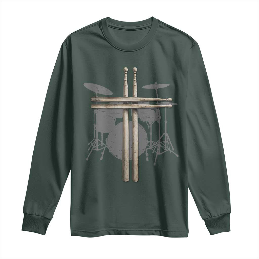 Christian Drummer Long Sleeve Shirt Drum Sticks Cross Percussionist Jesus Church TS10 Dark Forest Green Print Your Wear