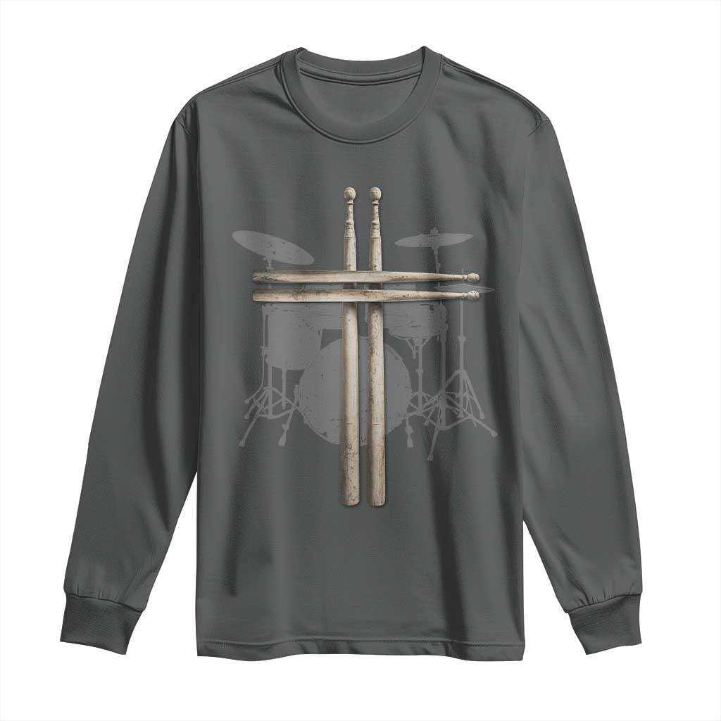Christian Drummer Long Sleeve Shirt Drum Sticks Cross Percussionist Jesus Church TS10 Dark Heather Print Your Wear