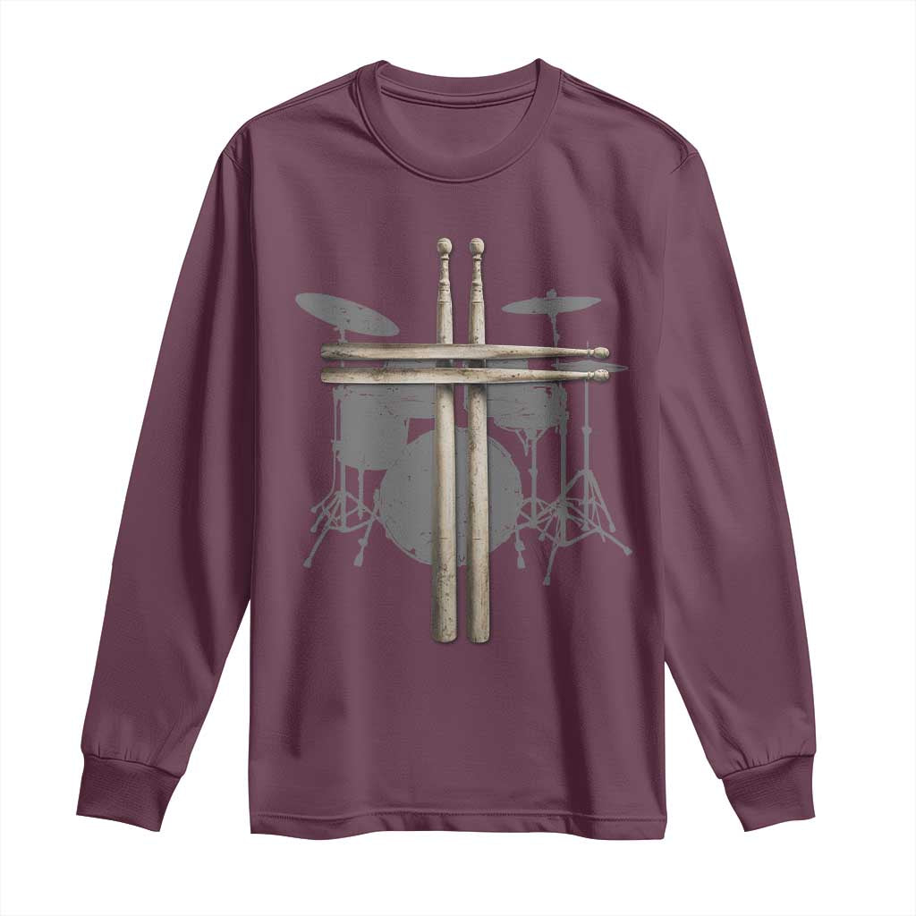 Christian Drummer Long Sleeve Shirt Drum Sticks Cross Percussionist Jesus Church TS10 Maroon Print Your Wear