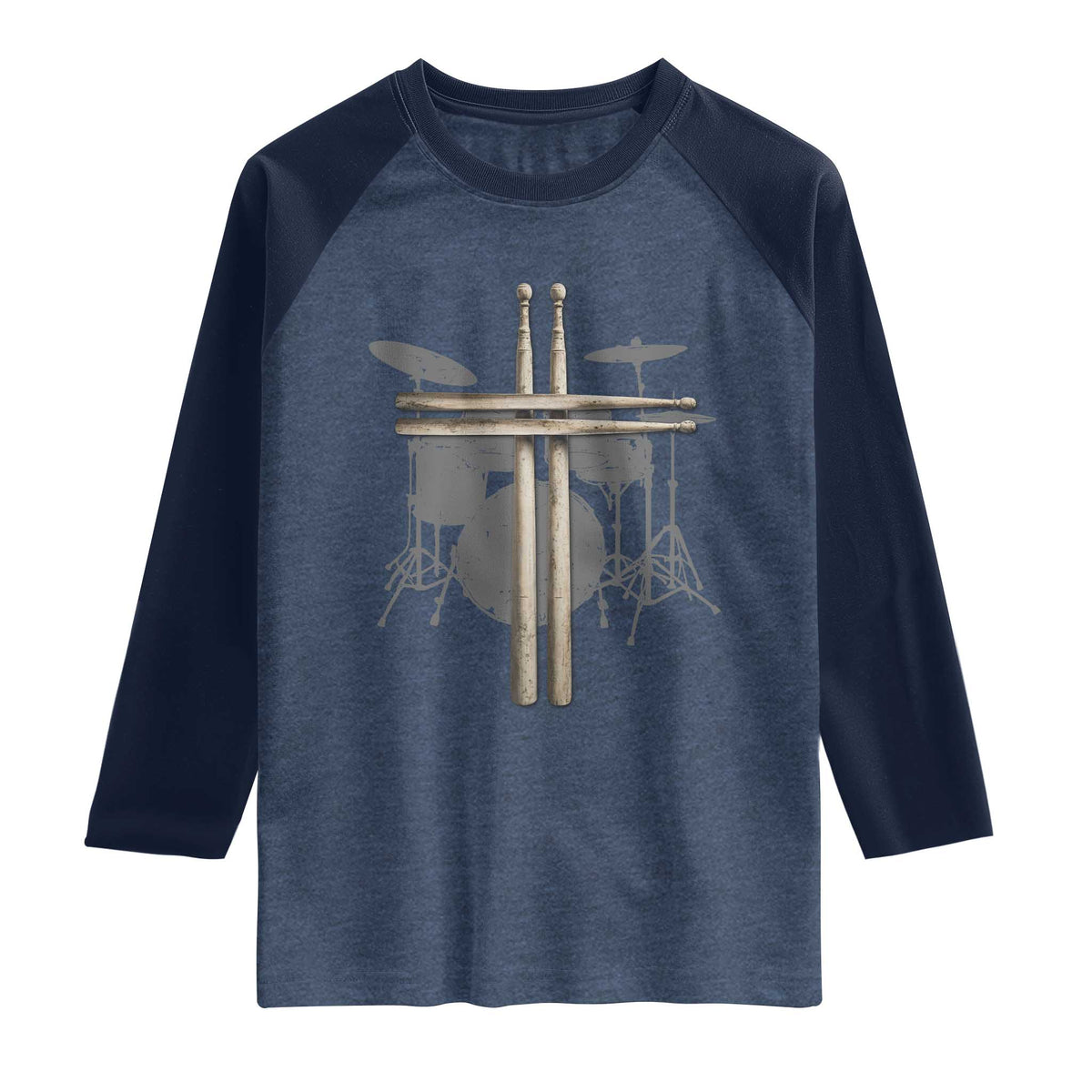 Christian Drummer Raglan Shirt Drum Sticks Cross Percussionist Jesus Church TS10 Heather Denim Navy Print Your Wear