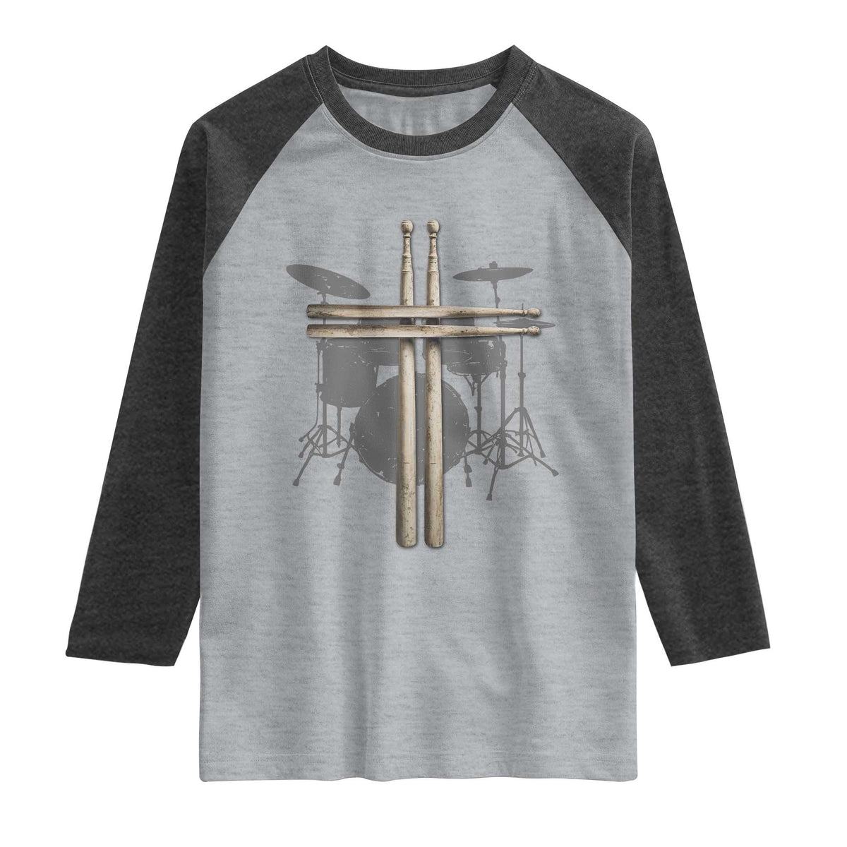 Christian Drummer Raglan Shirt Drum Sticks Cross Percussionist Jesus Church TS10 Heather Gray Heather Charcoal Print Your Wear