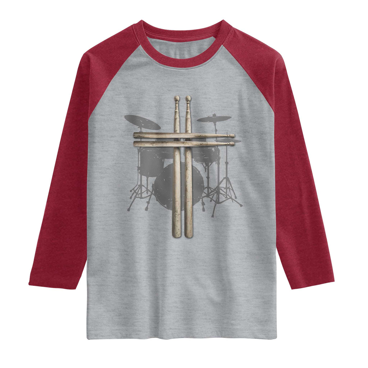 Christian Drummer Raglan Shirt Drum Sticks Cross Percussionist Jesus Church TS10 Heather Gray Heather Red Print Your Wear