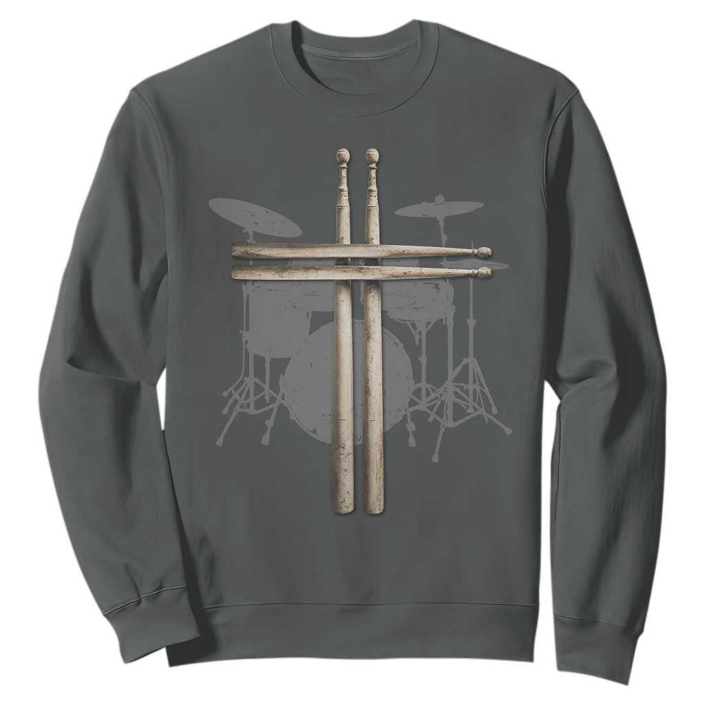 Christian Drummer Sweatshirt Drum Sticks Cross Percussionist Jesus Church TS10 Dark Heather Print Your Wear