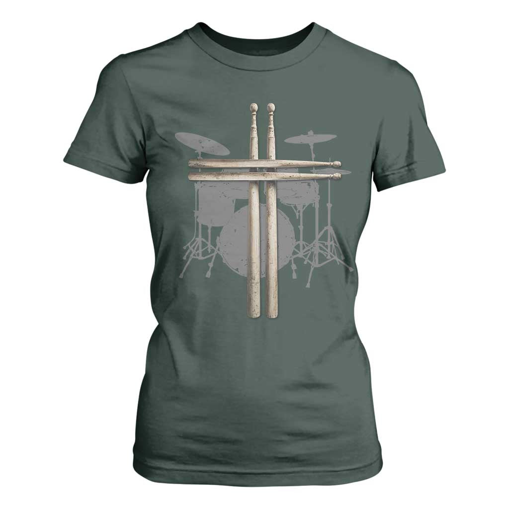 Christian Drummer T Shirt For Women Drum Sticks Cross Percussionist Jesus Church TS10 Dark Forest Green Print Your Wear
