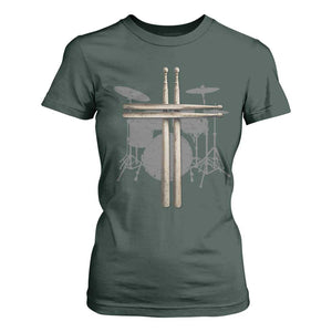 Christian Drummer T Shirt For Women Drum Sticks Cross Percussionist Jesus Church TS10 Dark Forest Green Print Your Wear