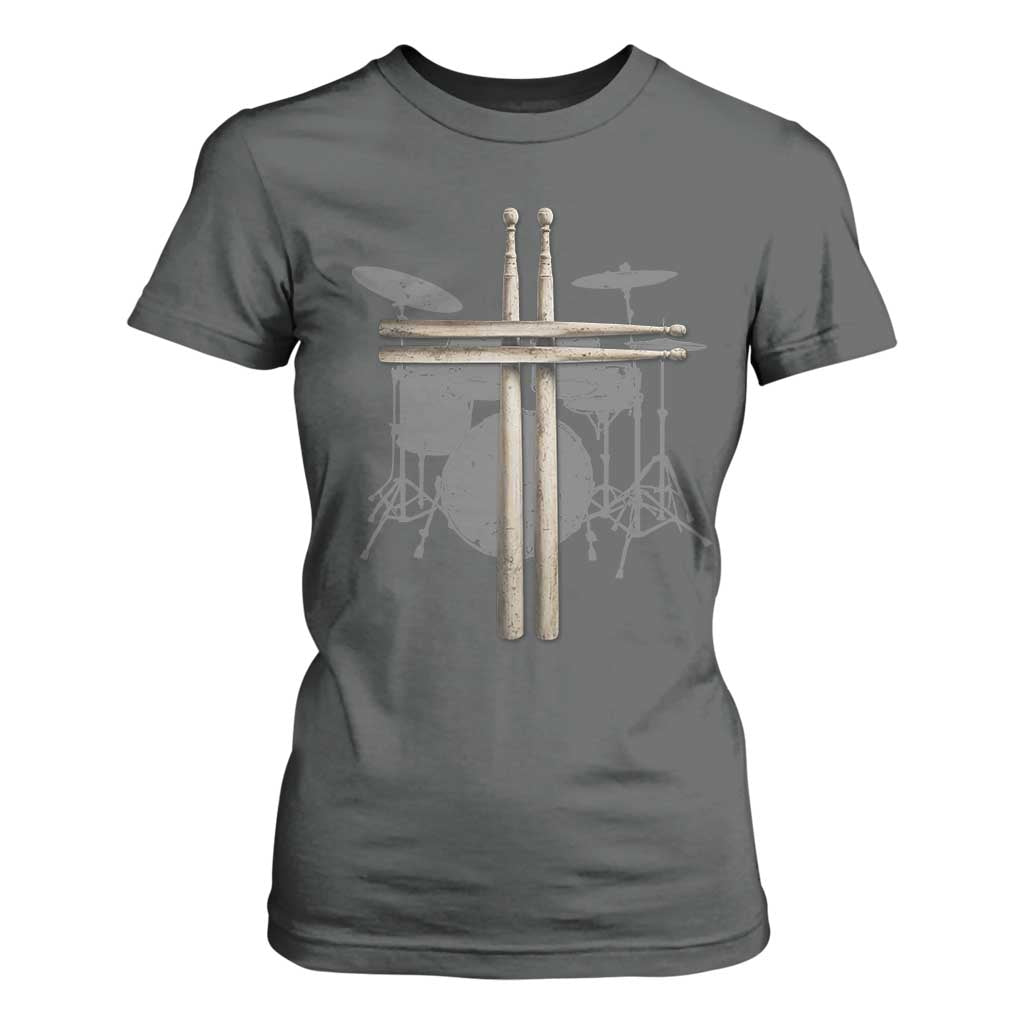 Christian Drummer T Shirt For Women Drum Sticks Cross Percussionist Jesus Church TS10 Dark Heather Print Your Wear