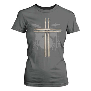 Christian Drummer T Shirt For Women Drum Sticks Cross Percussionist Jesus Church TS10 Dark Heather Print Your Wear