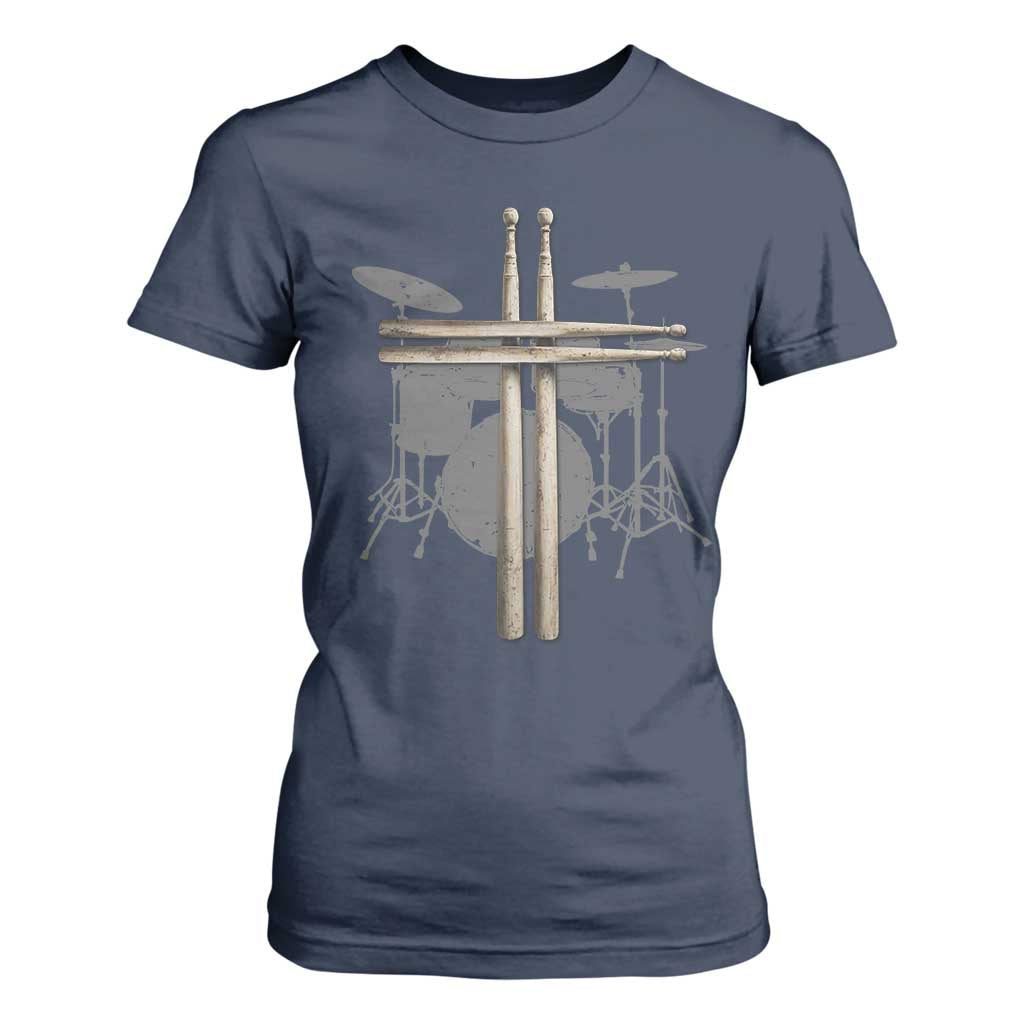Christian Drummer T Shirt For Women Drum Sticks Cross Percussionist Jesus Church TS10 Navy Print Your Wear