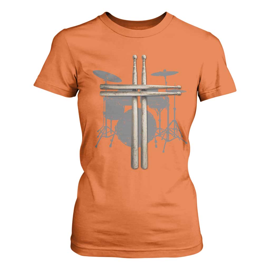 Christian Drummer T Shirt For Women Drum Sticks Cross Percussionist Jesus Church TS10 Orange Print Your Wear