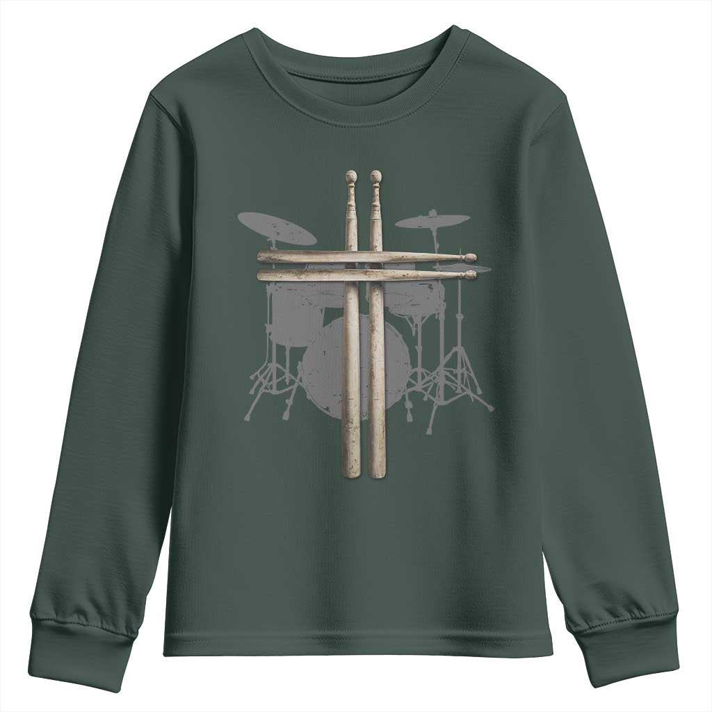 Christian Drummer Youth Sweatshirt Drum Sticks Cross Percussionist Jesus Church TS10 Dark Forest Green Print Your Wear