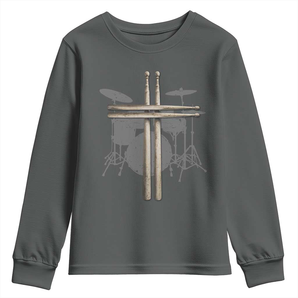 Christian Drummer Youth Sweatshirt Drum Sticks Cross Percussionist Jesus Church TS10 Dark Heather Print Your Wear