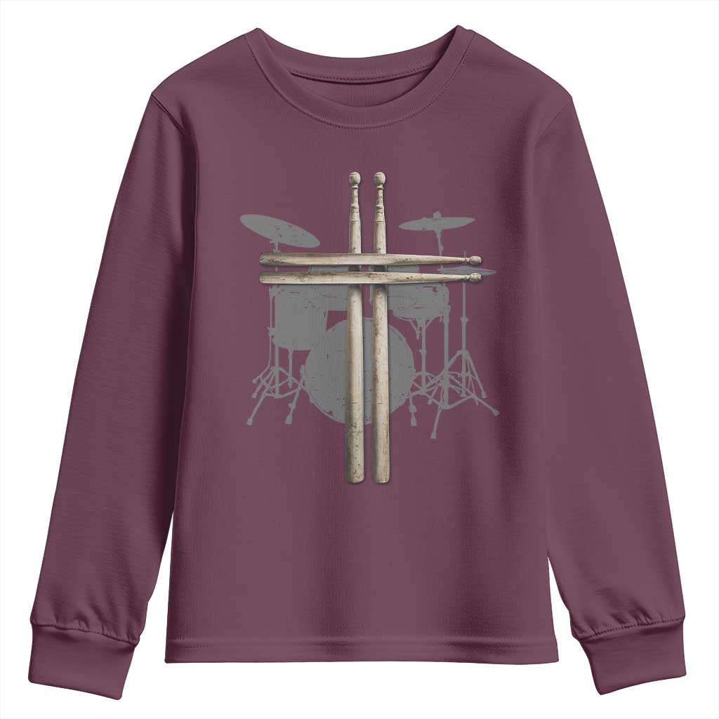 Christian Drummer Youth Sweatshirt Drum Sticks Cross Percussionist Jesus Church TS10 Maroon Print Your Wear