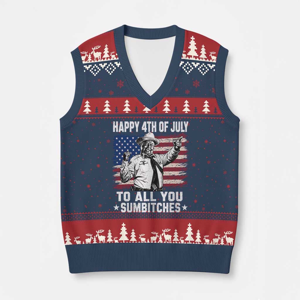 Happy 4th Of July To All You Sumbitches V-Neck Knit Sweater Vest Funny Independence Day Meme American Flag
