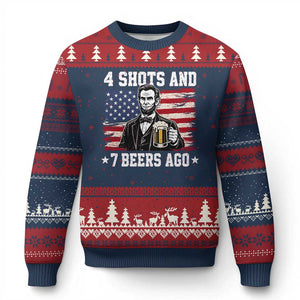 Funny 4th of July Abraham Lincoln Drinking Beer Ugly Christmas Sweater 4 Shots and 7 Beers Ago Patriotic Independence Day Meme