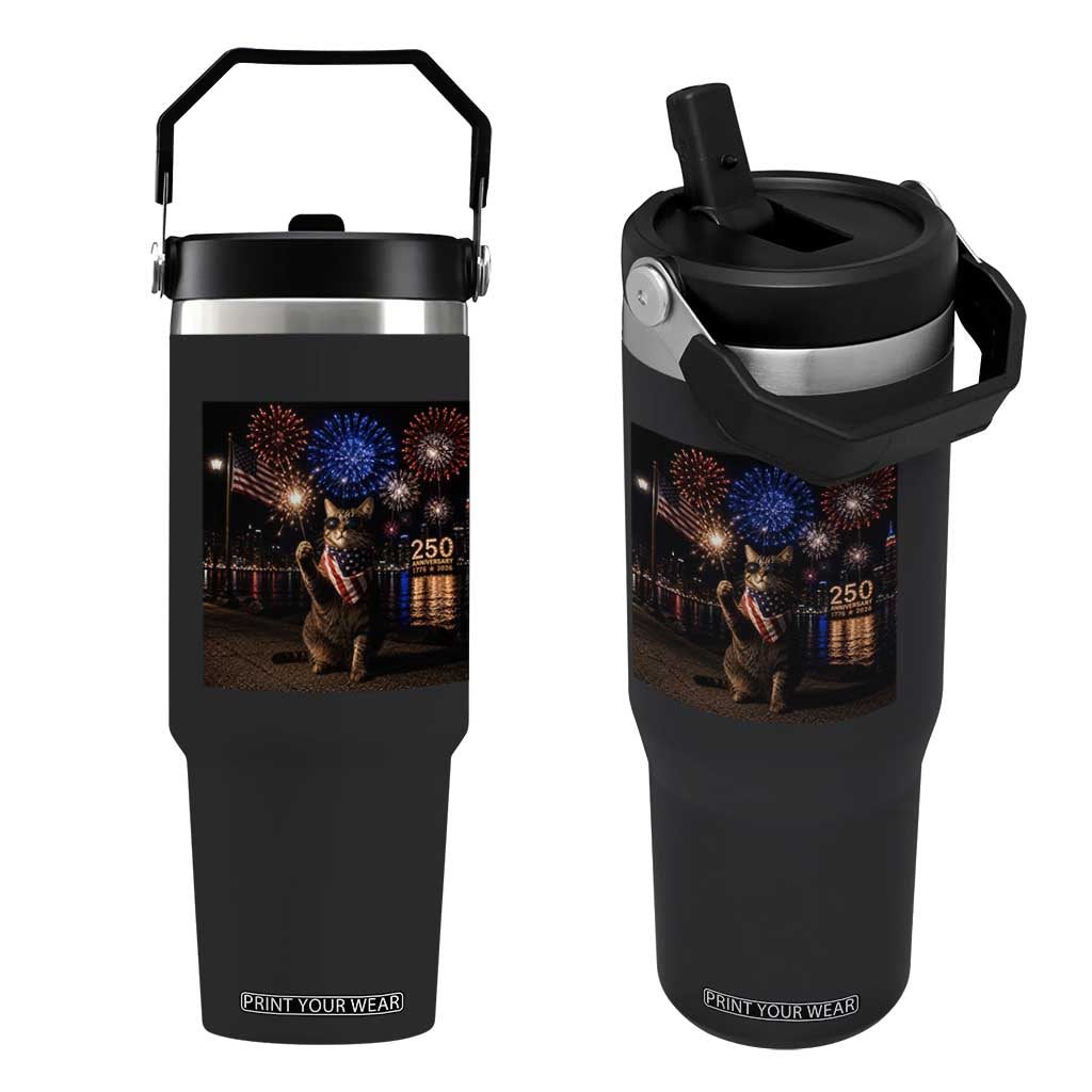 USA 250th Anniversary Cat Flip Straw Tumbler Funny 4th Of July Independence Day 250 Years 1776 2026 Patriotic Celebration Meme TS10 One Size: 30 oz Black Print Your Wear