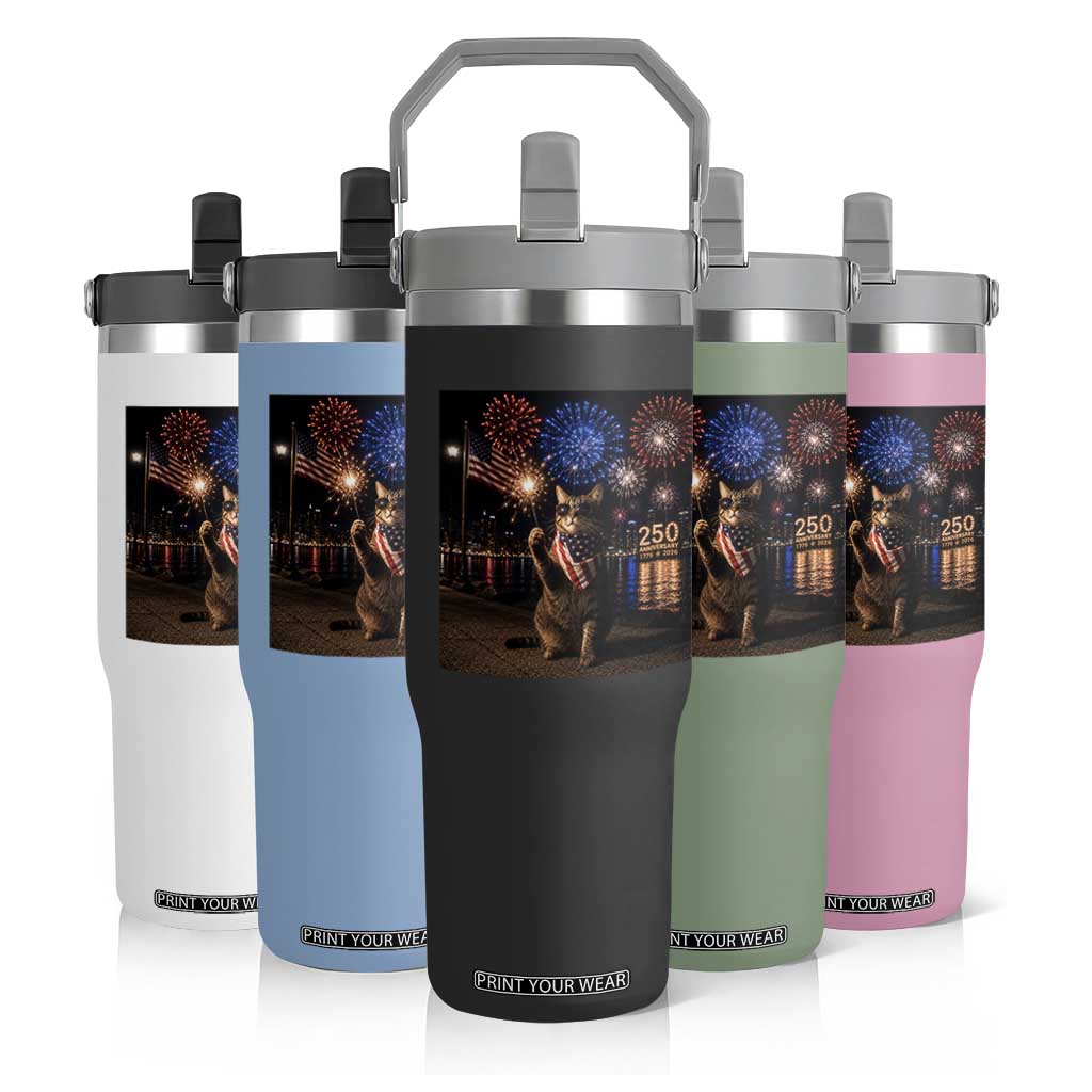 USA 250th Anniversary Cat Flip Straw Tumbler Funny 4th Of July Independence Day 250 Years 1776 2026 Patriotic Celebration Meme TS10 Print Your Wear