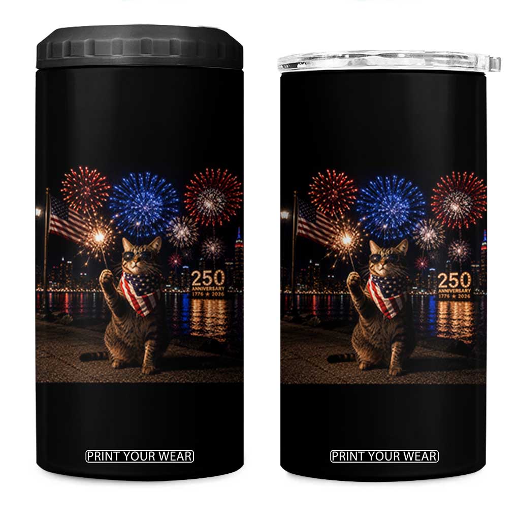 USA 250th Anniversary Cat 4 in 1 Can Cooler Tumbler Funny 4th Of July Independence Day 250 Years 1776 2026 Patriotic Celebration Meme